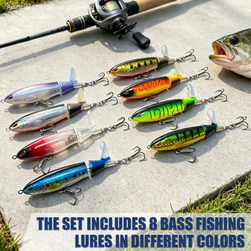 Kynzo Topwater Fishing Lures with Rotating Tail, Floating Bass Lures Hard Bait for Freshwater and Saltwater, Life-Like Surface Propeller Tail Spinner for Bass, Trout, Musky and Pike - color: B-8PCS