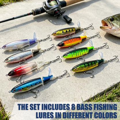 Kynzo Topwater Fishing Lures with Rotating Tail, Floating Bass Lures Hard Bait for Freshwater and Saltwater, Life-Like Surface Propeller Tail Spinner for Bass, Trout, Musky and Pike - color: B-8PCS