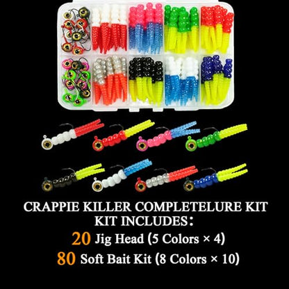 100PCS Crappie Lures Kit, Split Tail Soft Plastic Baits & 3 Sizes Jig Heads 1/32oz 1/16oz 1/8oz, Panfish Bluegill Shad Minnow Fishing Jig Lures Complete Tackle Box Set - size: 20pcs 1/8oz Jig Heads + 80pcs Soft Lures Combo