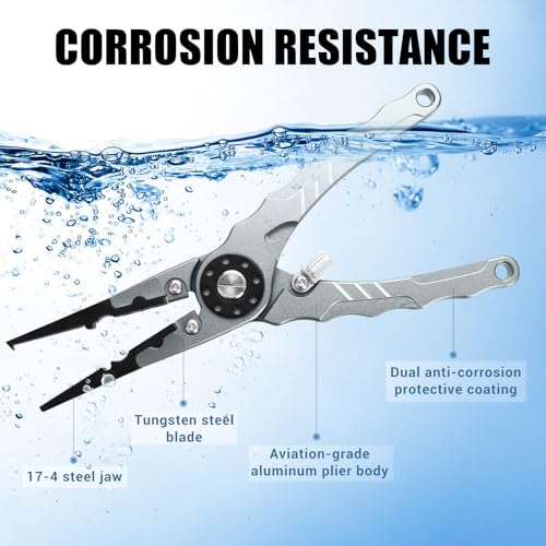 7.8" Lockable Saltwater Fishing Pliers, Aviation-grade Aluminum & Tungsten Cutters | Corrosion-Proof, with Replaceable Blades Set, Fishing Gear Gifts for Men, Adults, Kids