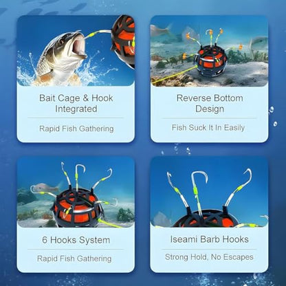 Reverse Bottom Bait Cage Fishing Hook, 360° Floating Bait Cage Fishing Hook, 6-Hooks Carp Feeder Rig, Spring Baits Cages Trap Fishings Hooks, Freshwater Saltwater for Carp, Catfish, Tilapia(3PCS,No. 6 - color: 3pcs, size: No. 6