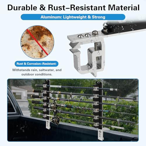 Truck Bed Fishing Rod Holder - 6 Rod Capacity with EVA Foam, Aluminum C-Clamp Mount, No Drill Installation, Fits Truck Bed & Boats