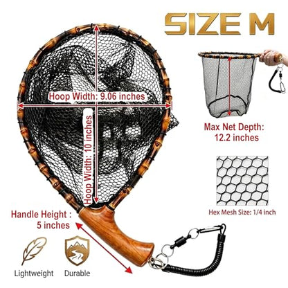 Floating Handcrafted Bamboo Fly Fishing Landing Net, Solid Wood Handle, Soft Rubber Coated Mesh for Trout, Kayak & Stream Fishing, Includes Magnetic Release & Safety Lanyard - size: Middle, style: Curved Handlebar