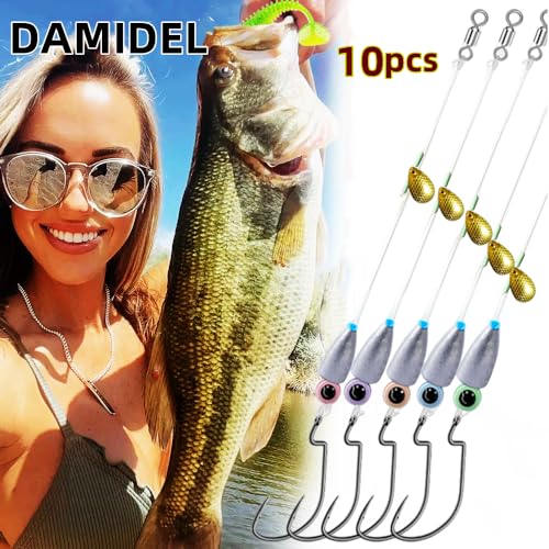 10Pcs Fishing Bullet Weights Texas Rigs Ready Kit,Worms, Sinker (10g/7g/5g), Worm Hooks, Carbon line,Spinner Blades，Eye Beads Bait, Fishing Bass Rig Saltwater Freshwater - size: 1/0, 5g