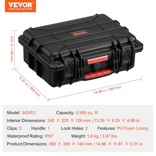 VEVOR Weatherproof Hard Case, Heavy Duty Protective Dry Box with Pre-cut Foam, Retractable Pull Handles for Travel, Hunting, Military, Tactical, IP67 Waterproof Case for Cameras(14.96x11.81x5.51) - size: 14.96 x 11.81 x 5.51 in
