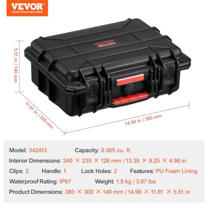 VEVOR Weatherproof Hard Case, Heavy Duty Protective Dry Box with Pre-cut Foam, Retractable Pull Handles for Travel, Hunting, Military, Tactical, IP67 Waterproof Case for Cameras(14.96x11.81x5.51) - size: 14.96 x 11.81 x 5.51 in