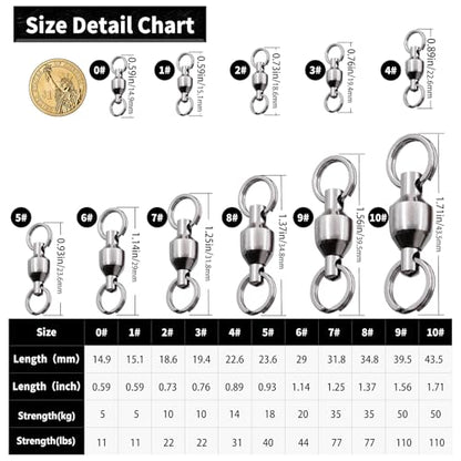 FishTrip 25/50pcs Ball Bearing Swivels with Split Rings for Saltwater | High Strength, Stainless Steel, Ball Bearing Smooth Rotation, Fishing Swivels & Snap Speed Clips Change Connector 0#-8# - size: Size 8_115lbs_25pcs