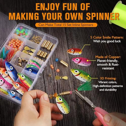 Dovesun Fishing Lure Making Kit DIY Spinner Making Kit, Inline Spinner Baits for Bass Fishing Trout Salmon Freshwater Gift for Men 228pcs/155pcs/107pcs - color: A-228PCS-Smile Blades-Inline Spinners Making Kit