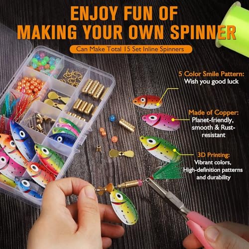 Dovesun Fishing Lure Making Kit DIY Spinner Making Kit, Inline Spinner Baits for Bass Fishing Trout Salmon Freshwater Gift for Men 228pcs/155pcs/107pcs - color: A-228PCS-Smile Blades-Inline Spinners Making Kit