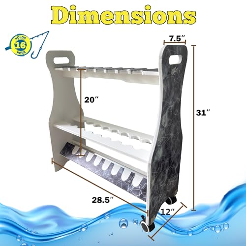 Rush Creek Creations Reel Salty Waterproof Marine Grade 16 Rolling Fishing Rod Holder Dock/Garage Storage Rack, Father's Day Gift, Gift for Dad and Grandpa, Gray/White, 29.8" L x 11.6" W x 30.9" H - style: Rolling Rod Rack