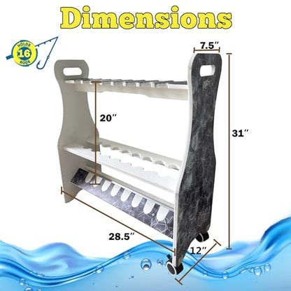 Rush Creek Creations Reel Salty Waterproof Marine Grade 16 Rolling Fishing Rod Holder Dock/Garage Storage Rack, Father's Day Gift, Gift for Dad and Grandpa, Gray/White, 29.8" L x 11.6" W x 30.9" H - style: Rolling Rod Rack