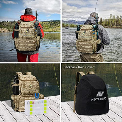 N NEVO RHINO Fishing Tackle Backpack with Rod Holders, 40L Large Fishing Bag with Waterproof Rain Cover,Outdoor Tackle Bag - color: Camouflage Yellow Pack without 4 Trays, size: Pack without 4 Trays