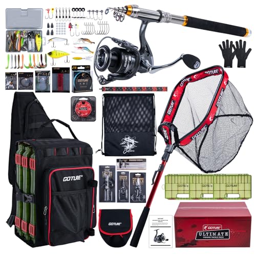 Goture Fishing Kits for Adult,Fishing Pole and Reel Combo, OpenSide Fishing Sling Tackle Storage Bag with 3 Tackle Boxes,Gift for Men - color: Black 12L bag + 3600 trays + landing net, size: 6FT/1.8M