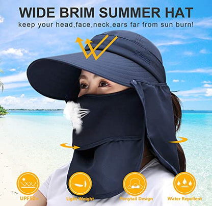 Women Wide Brim Face Mask Sun Hat Detachable Neck Face Flap Ponytail UV Protection Visor Hat Garden Fishing Hiking - color: A4-shun005-navy