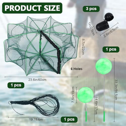 Casting Nets for Fishing Collapsible 6 Holes Large Minnow Cage Foldable 23.6 x 8.7 Inch with Bait Balls Small Fish Net and Rope for Crab Shrimp Crawdad Lobster Crayfish Catfish