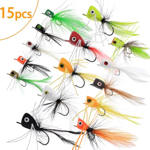 Fly Fishing Poppers Fly Fishing Dry Flies Topwater Fishing Lures Bass Popper Flies Bugs Lures Panfish Bait Fly Trout Bobber Flies Kit for Bass Trout Panfish Bluegill Salmon - color: A:15pcs Fly Fishing Poppers