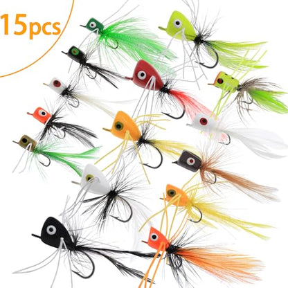 Fly Fishing Poppers Fly Fishing Dry Flies Topwater Fishing Lures Bass Popper Flies Bugs Lures Panfish Bait Fly Trout Bobber Flies Kit for Bass Trout Panfish Bluegill Salmon - color: A:15pcs Fly Fishing Poppers