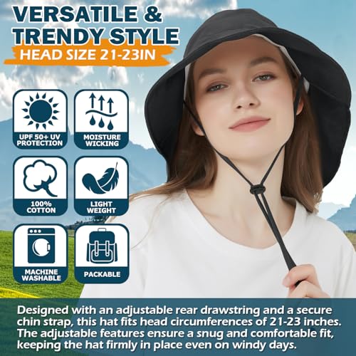 Women's Cotton Sun Hat with Neck Flap, UV Protection Wide Brim Outdoor Hat | Adjustable Fit, Moisture-Wicking & Breathable, Packable & Lightweight for Fishing Hiking Gardening Beach Safari - color: Black