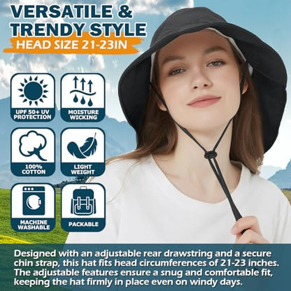 Women's Cotton Sun Hat with Neck Flap, UV Protection Wide Brim Outdoor Hat | Adjustable Fit, Moisture-Wicking & Breathable, Packable & Lightweight for Fishing Hiking Gardening Beach Safari - color: Black