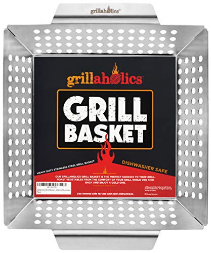 Grillaholics Grill Basket for Outdoor Grill - Durable Premium Stainless Steel Vegetable Grill Basket - XL Family Size BBQ Grill Basket - Perfect Grilling Accessories for Veggies, Fish, Shrimp & Kebabs | Family-Sized | Dishwasher Safe | Stainless Steel | I
