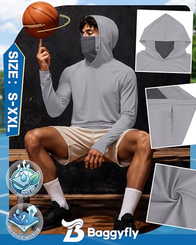 Men's UPF 50+ Sun Protection Hoodies Mask Long Sleeve Thumbholes Lightweight Dry Rash Guards Running Fishing Shirts - color: Glacier Gray, size: Medium