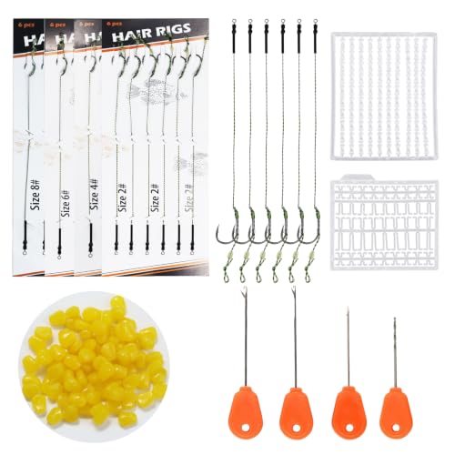130Pcs Carp Fishing Hair Rigs Kit, 24 High Carbon Steel Curved Shank Barb Hooks, 100 Fake Corn Baits, 2 Line Bait Stoppers & 4 Baiting Needles for Carp Fishing Tackle (#2#4#6#8)