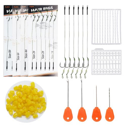 130Pcs Carp Fishing Hair Rigs Kit, 24 High Carbon Steel Curved Shank Barb Hooks, 100 Fake Corn Baits, 2 Line Bait Stoppers & 4 Baiting Needles for Carp Fishing Tackle (#2#4#6#8)