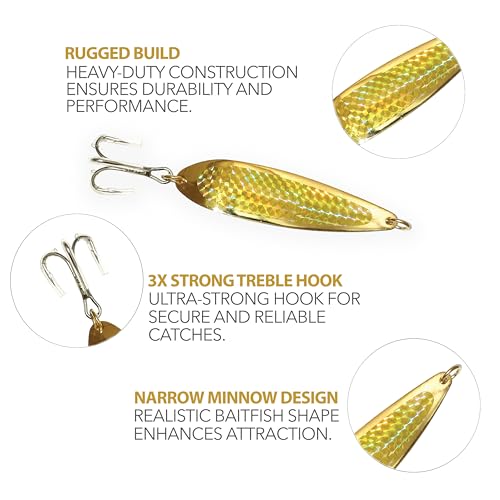 Crocodile Spoon Fishing Lures 2oz, 6 Pcs Gold with Treble Hooks, for Saltwater & Freshwater Casting, Includes Durable Hook Setup, Ideal for Tuna, Bass, Trout & Walleye