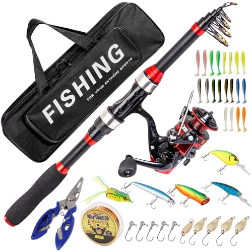 I00000 Fishing Rod and Reel Combos with Fiberglass Telescopic Fishing Pole - Spinning Reel Fishing Carrier Bag, Freshwater and Saltwater Fishing Rod Kit,Travel Fishing Kit for Bass Trout - color: Black and Red