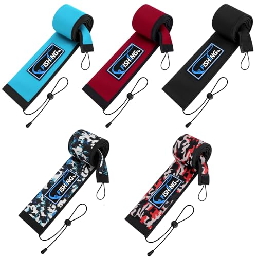 Neoprene Fishing Rod Sleeves for Casting, Spinning, Trolling Pole - Protective Cover Rod Sock with Hanging Loop & Lanyard- Floating, Puncture Resistant, Lightproof - size: 65", style: 5 Pcs