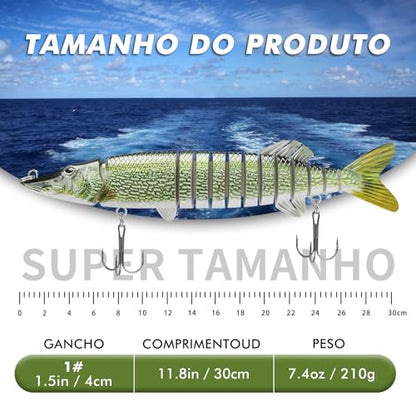 TRUSCEND Swimmax Easy Catch Fishing Lures with BKK Hooks, Wiggling, Vibrating, Rattling and Gurgling for More Bite, Heavy-Duty Dyneema Fiber Jointed Swimbaits for Bass, Trout, Walleye, Crappie, Pike - color: H1-11.8", 7.4oz
