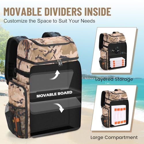 VJI Fishing Tackle Backpack with Rod Holder, Large Tactical Backpack, Fishing Gear Tackle Box Tactical Backpack, Water Resistant Sport Bag and Equipment - color: Khaki Camo