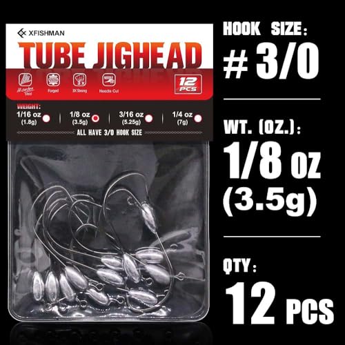 XFISHMAN-Tube-Jig-Heads-for-Bass-Fishing-Tube-Bait-Hooks 1/16oz 1/8oz 3/16oz 1/4oz (12-Pack) - color: 3/0 Hooks, size: 1/8oz (12-Pack)
