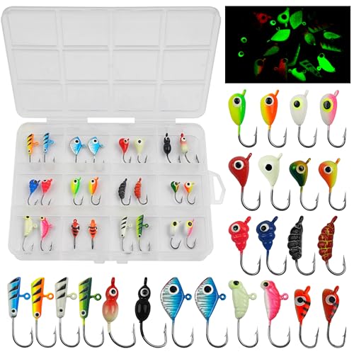 Ice Fishing Jigs Lures kit, Luminous Ice Fishing Gear Crappie Panfish Jigs Head Fishing Hooks Set for Winter Ice Jigging Walleye Perch Bluegill 24/36/48pcs - style: 24pcs