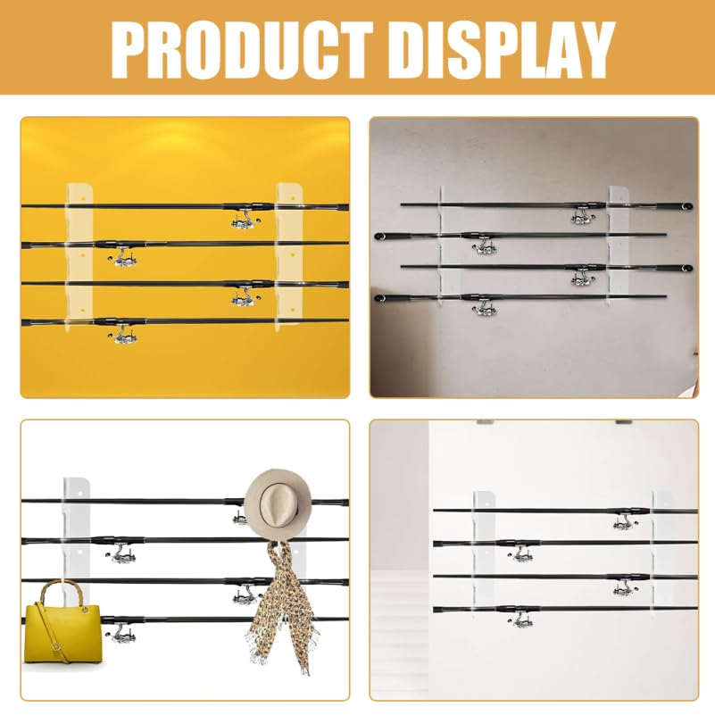 1-Pair Acrylic Fishing Rod Rack, Heavy Duty Wall Mount Holder for Garage Display, Clear 3-Pole Space-Saving Organizer Stand with Screws Included