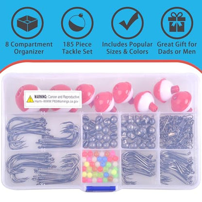 185pcs Fishing Hook Bobbers Tackle Kit,Include Fishing Floats Bobbers,Circle Hooks,Round Split Shot Weights,Octopus Baitholder Hooks Starter Terminal for Trout Catfish Panfish