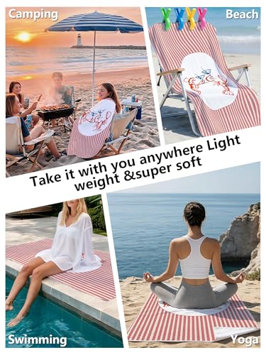 Pink Striped Red Lobster Print Beach Towel with Clips Set - Preppy Summer Coastal Funny Lobster Print Large Sand Free Towel 30x60 Inch for Beach Camping Swim Pool Gym Sports & Yoga - color: Btowels08