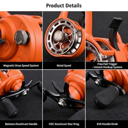 Ice Fishing Reel, 3.2:1 Gear Ratio Ultra Smooth 3+1 Ball Bearings and Magnetic Drop System, Aluminum Alloy Fishing Reel for Ice Fishing and Winter Angling - color: Orange-Right
