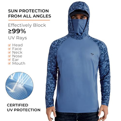 Rodeel UPF 50+ Men’s Long Sleeve Performance Fishing Hiking Shirt with Mask UV Neck Gaiter Hoodie - color: A2.3pack:blue,green,brown, size: Large