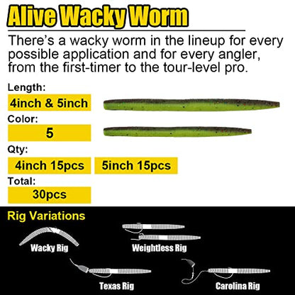 Wacky-Worms-Bass-Fishing-Lure-Kit-Wacky-Rig-Worms-Soft-Plastic-Stick-Baits3 4" 5" 6 inch - color: 80-Piece Supper Wacky Worm Kit