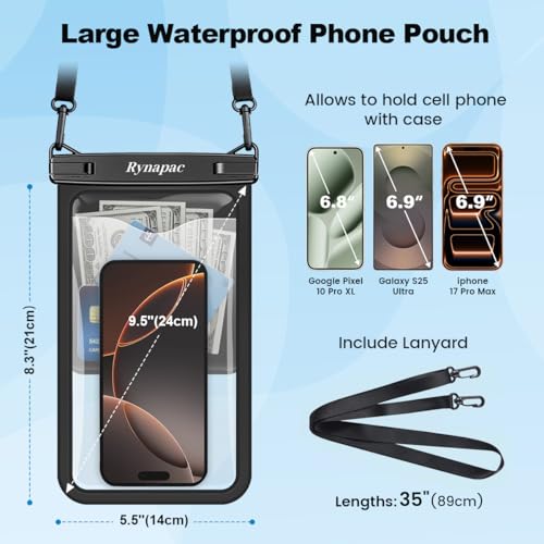 Rynapac Large Waterproof Phone Pouch [Up to 10"] - 2 Pack IPX8 Waterproof Phone Case for iPhone 17 16 15 Pro Max Galaxy S26 Ultra, Touchscreen & Underwater Photography, Beach Cruise Essentials 2026 - color: [Black + Mint] Large Waterproof Phone Pouch, siz