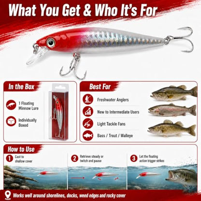 Floating Minnow Fishing Lure, 3.35in 0.30oz ABS Hard Bait with BKK 3X Size 6 Treble Hooks, Weight Transfer Rattle, 1-3ft Shallow Diving Lure for Bass Trout Walleye, Boxed - color: B2-1PCS/0.3OZ-3.35"