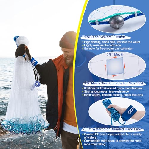 Goture American Fishing Cast Net Saltwater Freshwater,3/8in Mesh Size Casting Net for Bait Fish Shrimp Trap,Pure Lead Sinkers Dual Color Double Selvage,3ft-12ft Radius Throw Cast Net with Needle - size: 3FT Radius, style: A:3/8"mesh,0.75lb Lead Sinker