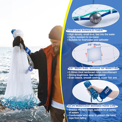 Goture American Fishing Cast Net Saltwater Freshwater,3/8in Mesh Size Casting Net for Bait Fish Shrimp Trap,Pure Lead Sinkers Dual Color Double Selvage,3ft-12ft Radius Throw Cast Net with Needle - size: 5FT Radius, style: A:3/8"mesh,0.75lb Lead Sinker