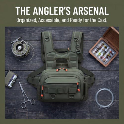 Fly Fishing Backpack Vest, Lightweight Nylon Tackle Chest Pack with Multiple Storage Pockets (Green)