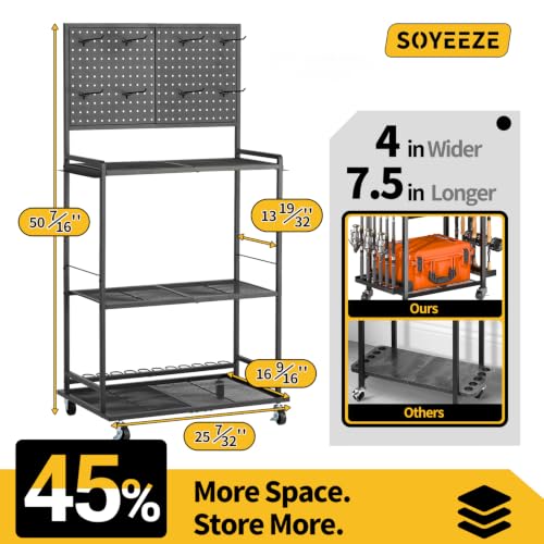 SOYEEZE Fishing Rod Holders for Garage, DIY Pegboard for Reels & Fishing Accessories, 12 Rod Capacity Fishing Pole Holder and 3-Tier Shelf for Tackle Box, Fishing Gear Organizer