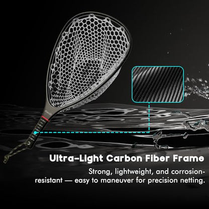 Riverruns Fly Fishing Landing Net Carbon Fiber Trout Net with Measurement Handle, Soft Rubber Mesh - 26" Standard (Wading) / 37" Long (Kayak) - color: 26" Wading Net (Standard) - Black Carbon