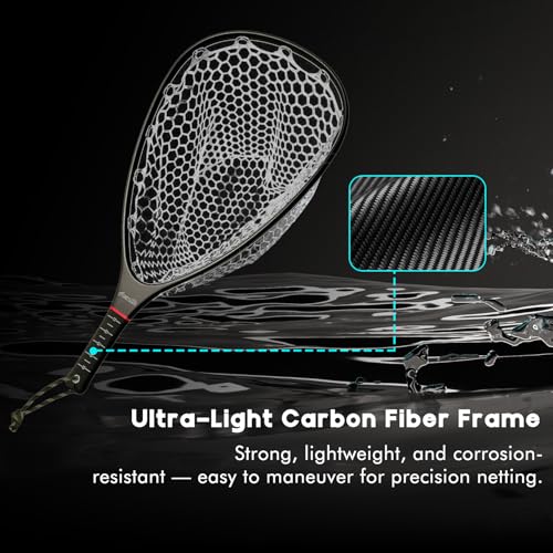 Riverruns Fly Fishing Landing Net Carbon Fiber Trout Net with Measurement Handle, Soft Rubber Mesh - 26" Standard (Wading) / 37" Long (Kayak) - color: 26" Wading Net (Standard) - Black Carbon