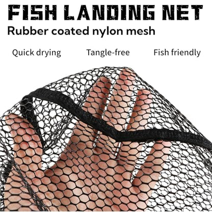 Floating Fishing Net for Steelhead, Salmon, Fly, Kayak, Catfish, Bass, Trout Fishing, Rubber Coated Landing Net with Fixed or Telescoping Pole Handle - color: Black PVC Net