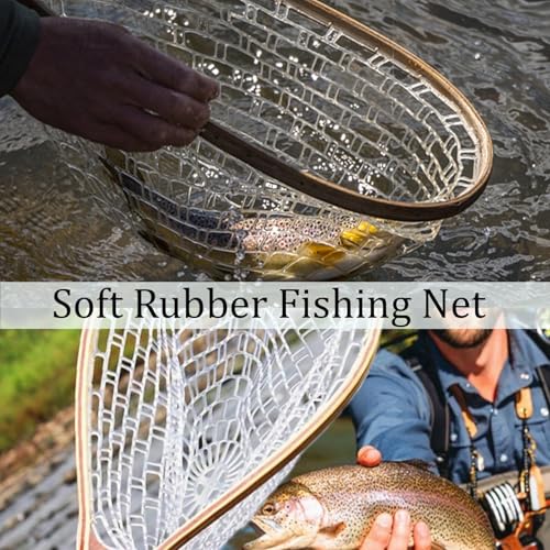 Wooden Frame Fly Fishing Landing Net, Soft Knotless Rubber Mesh, Fish-Friendly for Catch and Release, Freshwater Saltwater, Trout Fishing, Great Gift
